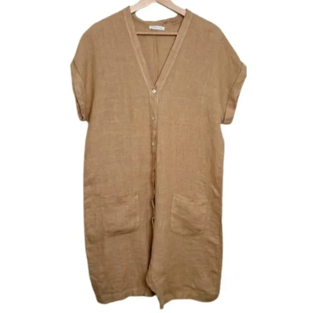 Made  In Italy Womens Medium Linen Vneck Button Tan Romper - Picture 3 of 13